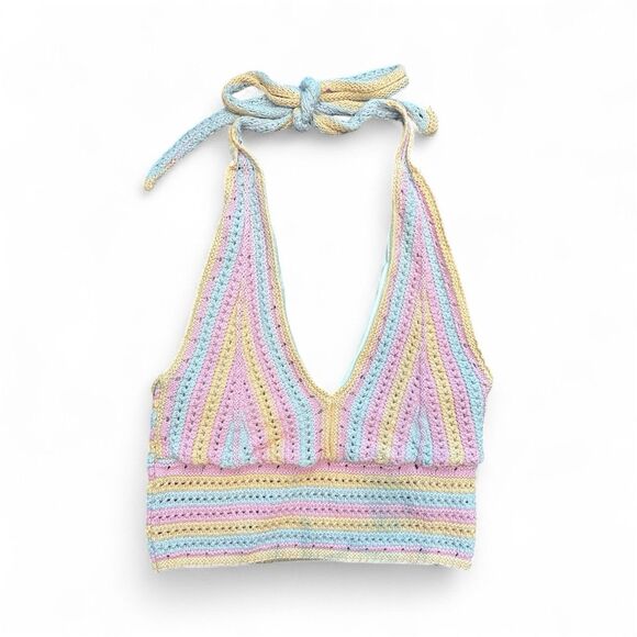 Hollister Crochet Halter Top Pink White Beachy Festival Boho Sz L - Picture 2 of 7